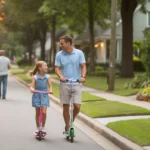Father and daughter riding scooters on sidewalk in suburban Smyrna Georgia neighborhood at sunset