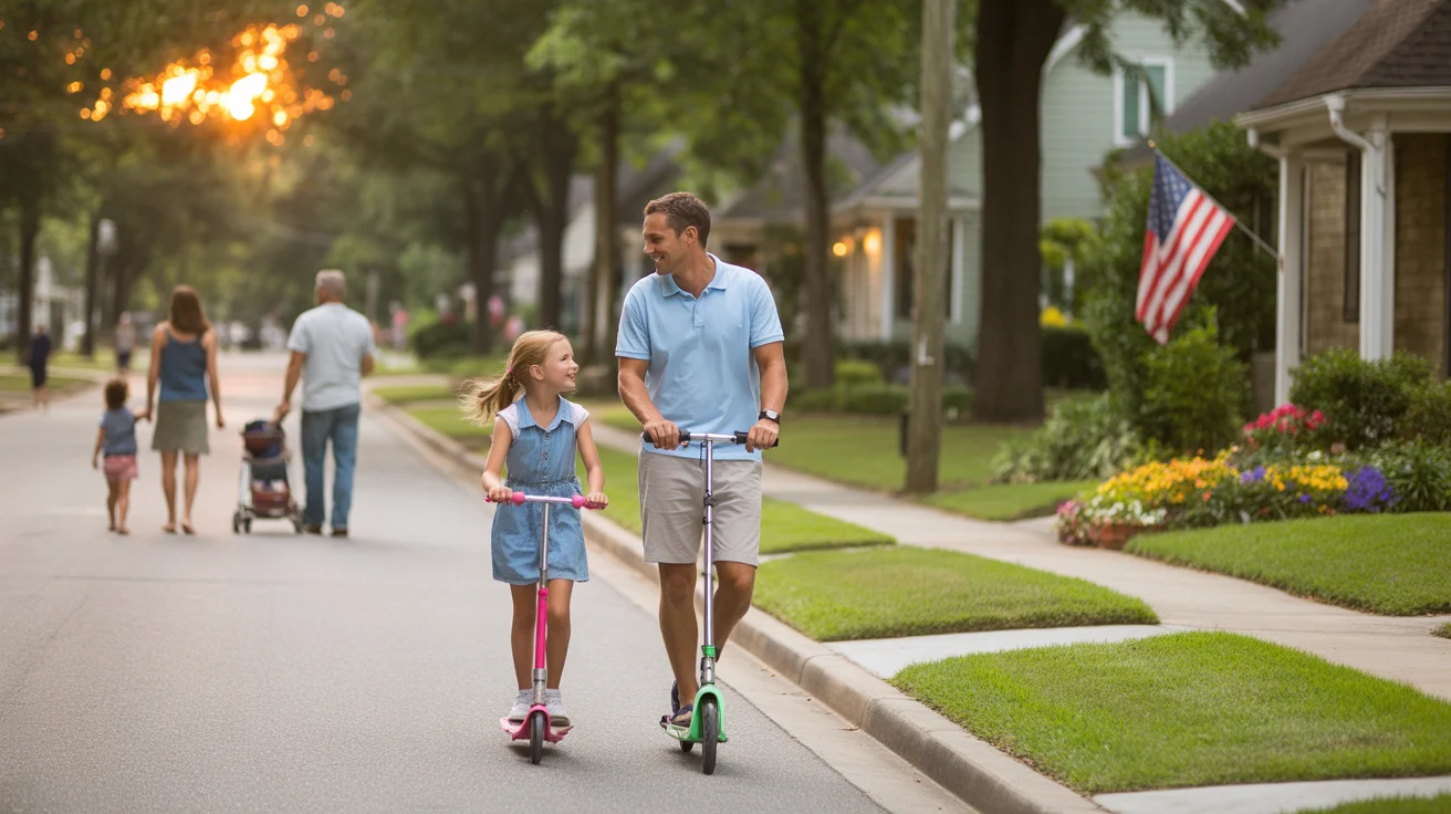 Father and daughter riding scooters on sidewalk in suburban Smyrna Georgia neighborhood at sunset
