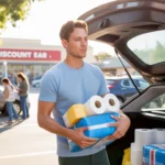 Man loading bulk household supplies into car outside discount store in Tustin, CA