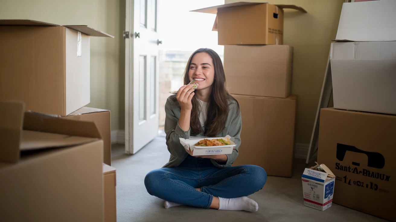 Woman eating takeout on floor of new Santa Ana apartment surrounded by moving boxes