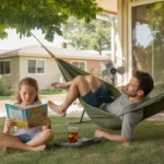 Father and daughter spending a hot summer afternoon in the backyard of their Boulder, Colorado home