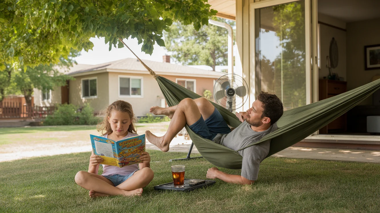 Father and daughter spending a hot summer afternoon in the backyard of their Boulder, Colorado home