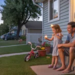 Father and daughter sitting on front porch steps in West Jordan, Utah on a summer evening