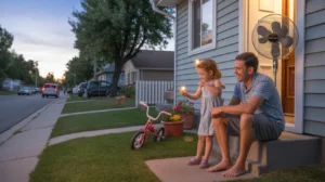 Father and daughter sitting on front porch steps in West Jordan, Utah on a summer evening