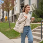 Young woman with grocery bag walking up steps to apartment building in Centennial, CO on sunny fall day