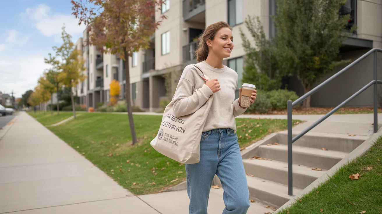 Young woman with grocery bag walking up steps to apartment building in Centennial, CO on sunny fall day