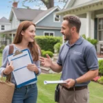 Homeowner discussing landscaping plans with contractor outside craftsman home in Charlotte