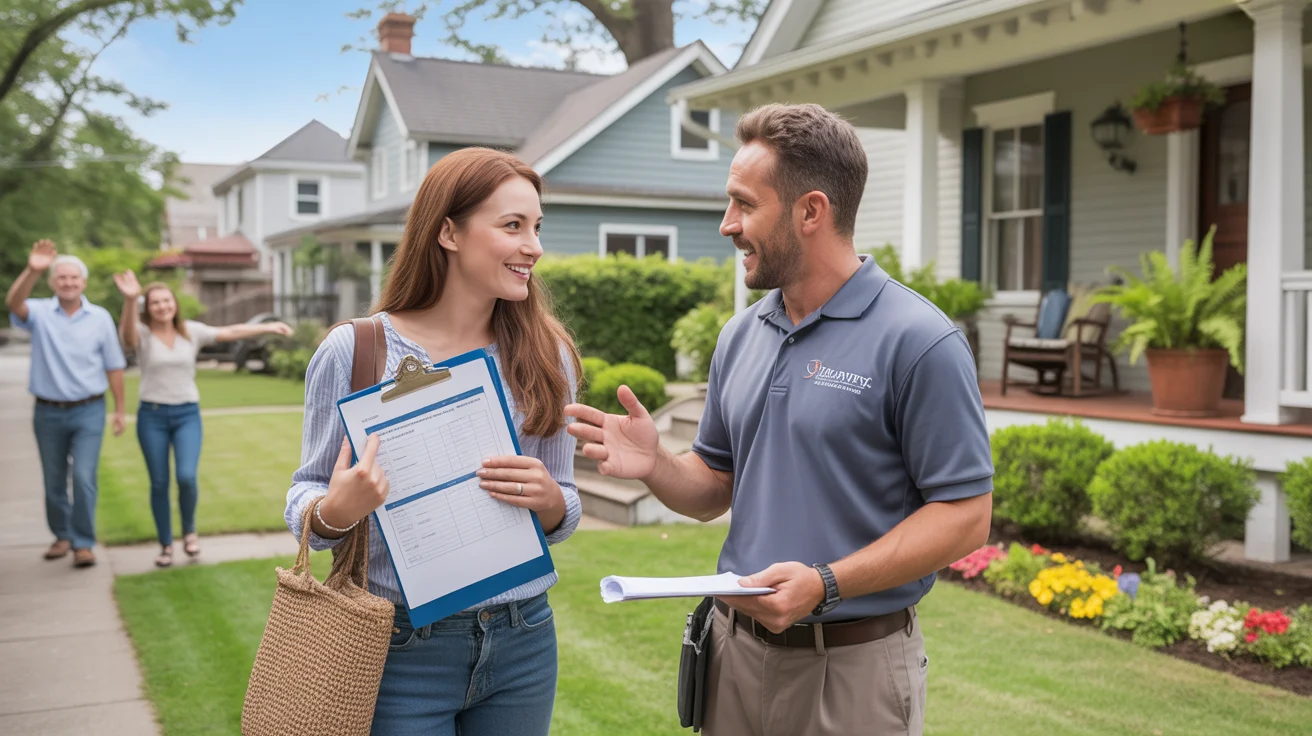 Homeowner discussing landscaping plans with contractor outside craftsman home in Charlotte
