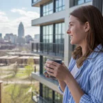 Woman looks out window of Lexington KY apartment with coffee mug and city view