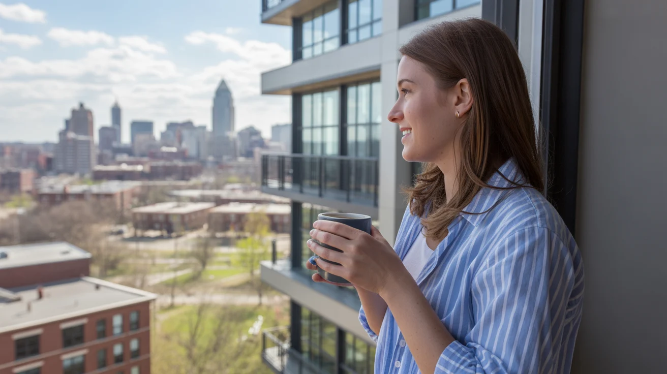 Woman looks out window of Lexington KY apartment with coffee mug and city view