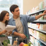 Couple shopping together in grocery store aisle in Irving, Texas