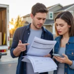 A couple reviewing unexpected bills and fees during their move to Highlands Ranch, Colorado