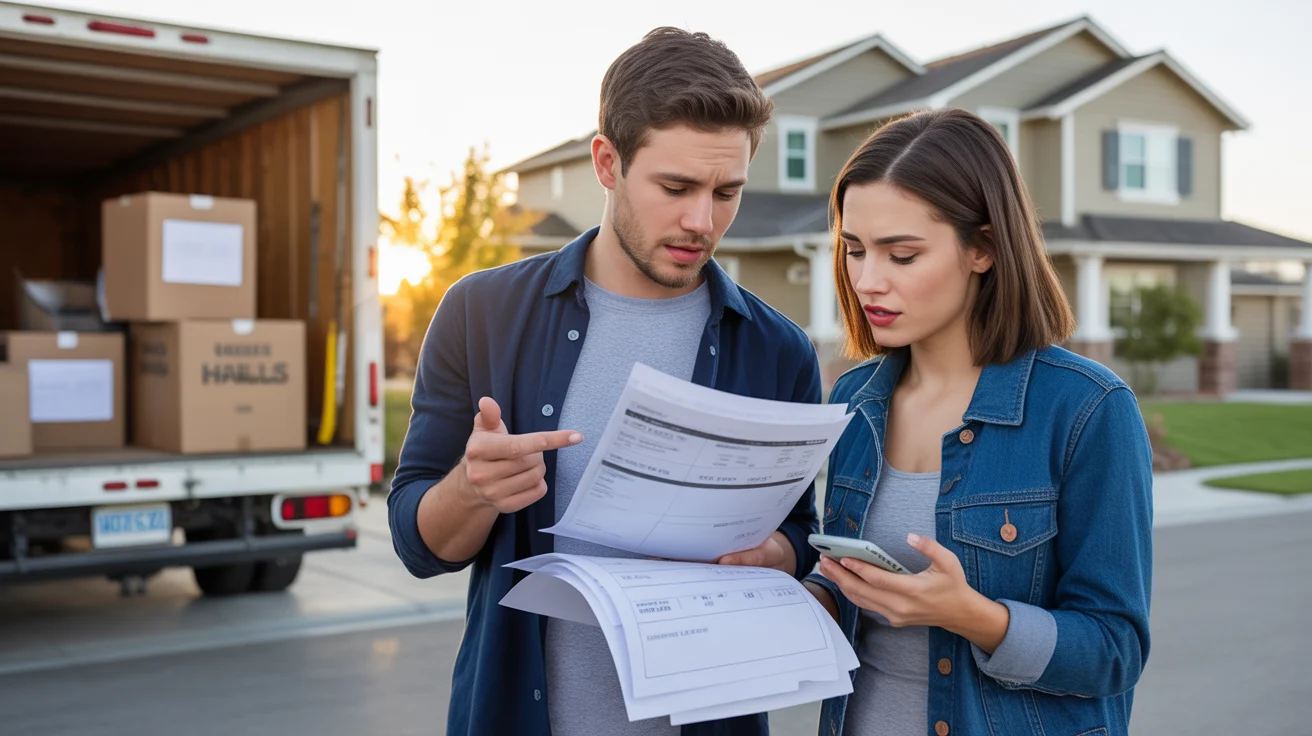 A couple reviewing unexpected bills and fees during their move to Highlands Ranch, Colorado