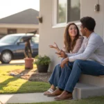 A couple sits on the front steps of their home in Grand Prairie, TX, talking and enjoying a quiet evening moment together.