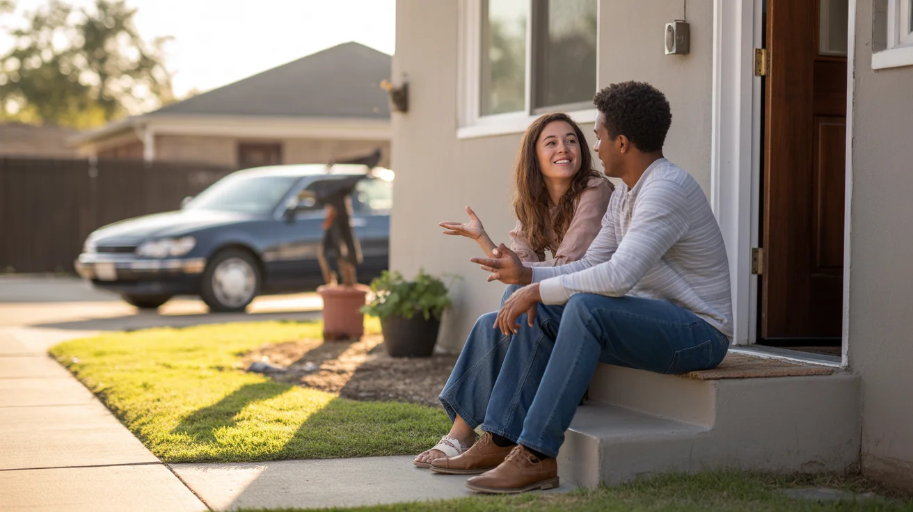 A couple sits on the front steps of their home in Grand Prairie, TX, talking and enjoying a quiet evening moment together.