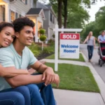 A couple sits on the front steps of their new townhome in Charlotte, NC at dusk, looking happily at their quiet street as neighbors pass by.