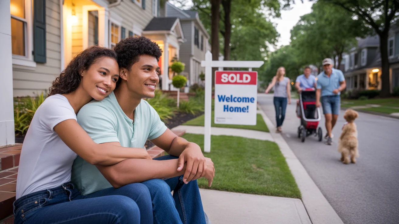 A couple sits on the front steps of their new townhome in Charlotte, NC at dusk, looking happily at their quiet street as neighbors pass by.