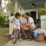 Father tying daughter's shoes on front steps of Tampa home