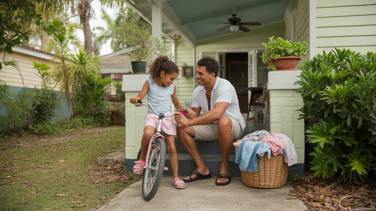 Father tying daughter's shoes on front steps of Tampa home