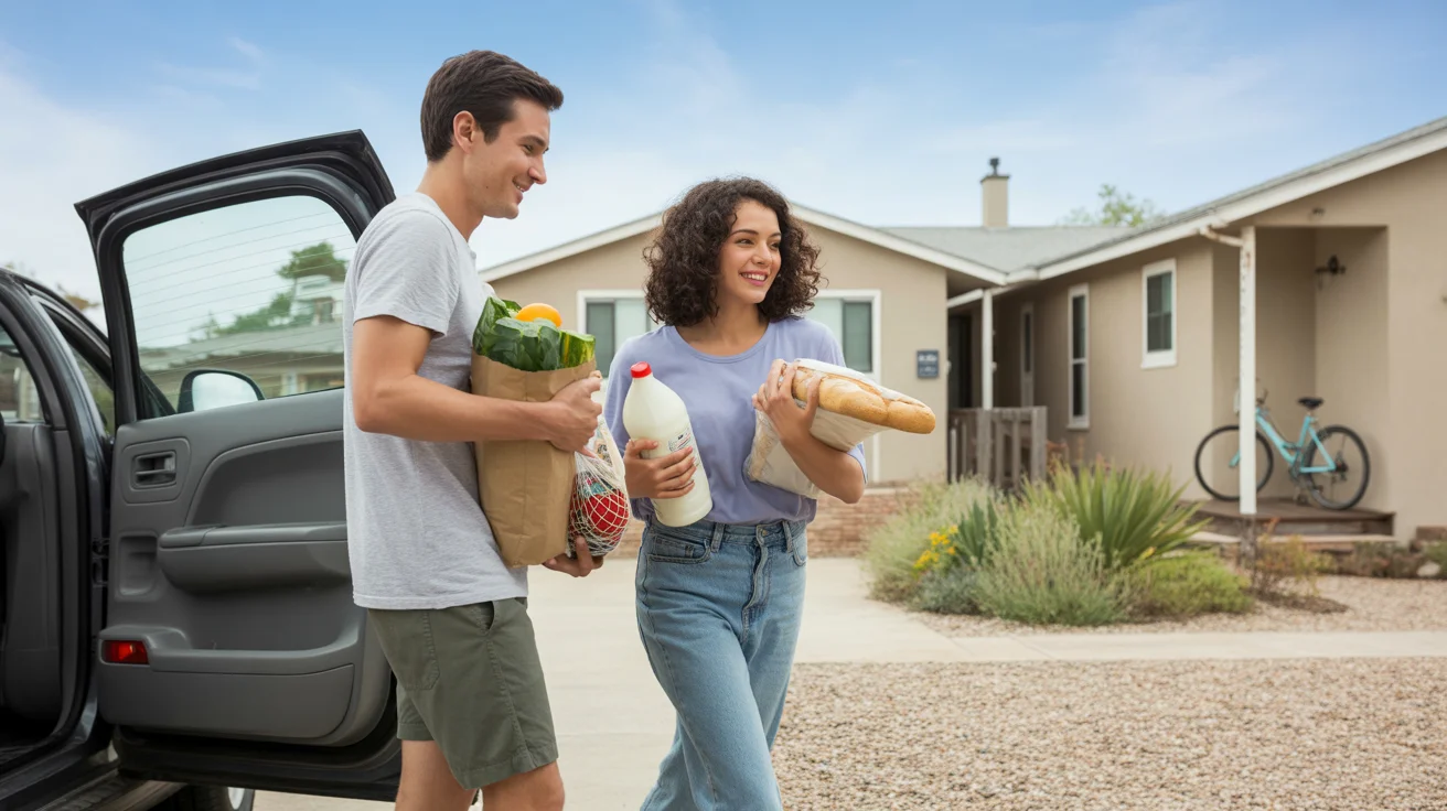 A young couple unloading groceries in the driveway of their Georgetown, TX home on a sunny afternoon