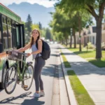 Woman loading bicycle onto rack on front of city bus in Aurora, Colorado