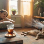 Woman napping on couch with cat sleeping by air vent in Wheaton living room