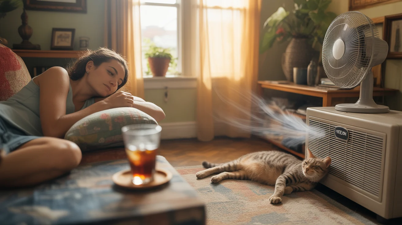 Woman napping on couch with cat sleeping by air vent in Wheaton living room