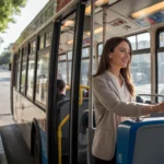 Woman boarding an OCTA bus in Tustin, CA on a quiet weekday morning