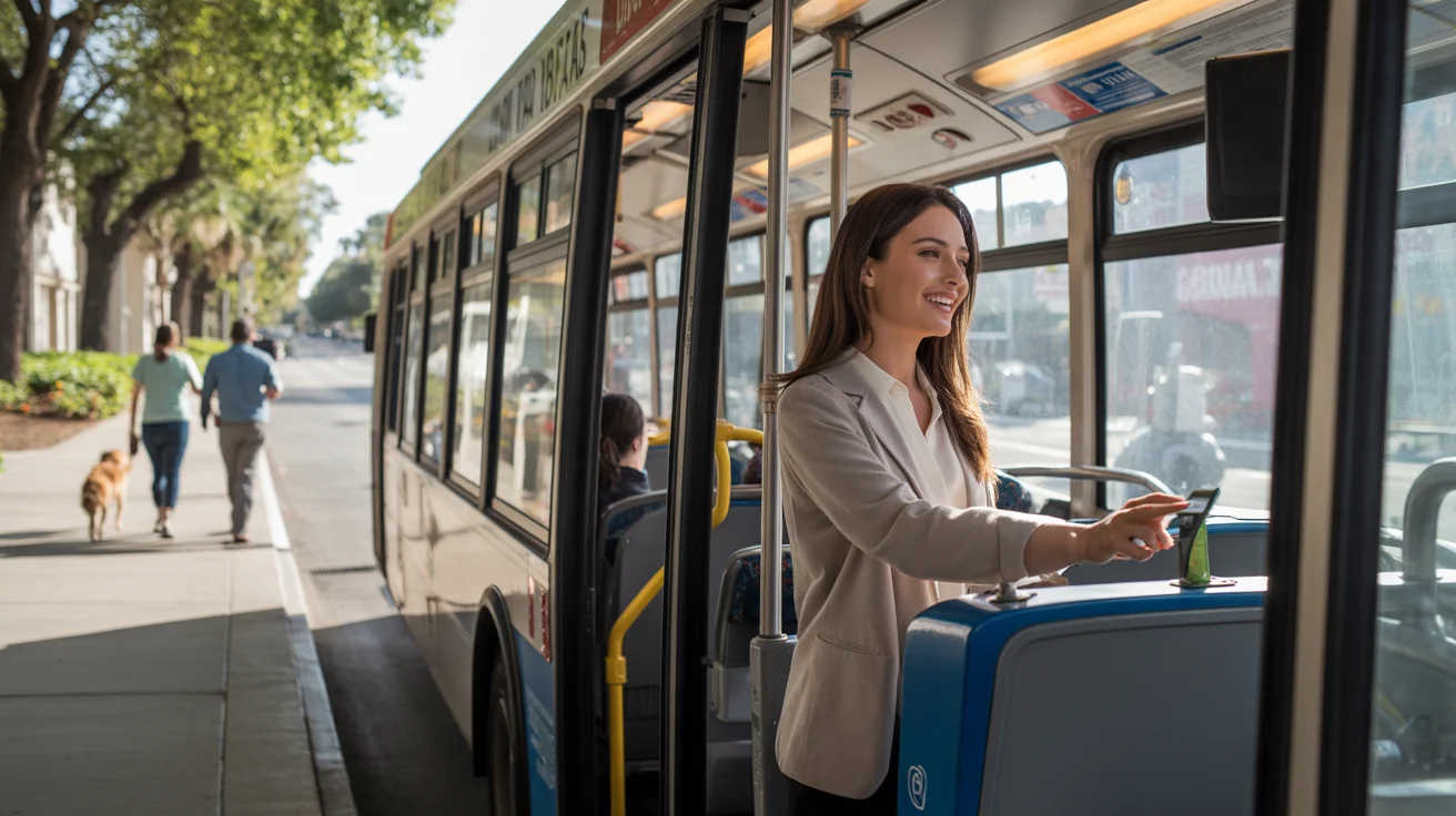 Woman boarding an OCTA bus in Tustin, CA on a quiet weekday morning