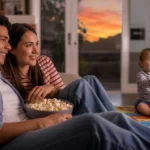A couple watches TV while their child plays in the living room of their Clermont home at sunset.