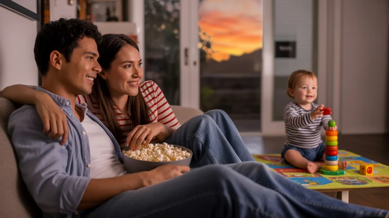 A couple watches TV while their child plays in the living room of their Clermont home at sunset.