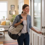 Young woman carrying gym bag enters her cozy apartment in West Jordan, UT with a content smile.