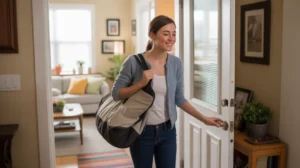 Young woman carrying gym bag enters her cozy apartment in West Jordan, UT with a content smile.