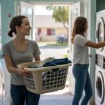 Woman carrying laundry basket in apartment complex laundry room