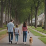 A family walking their dog through a peaceful Apex neighborhood