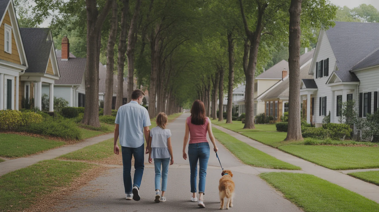 A family walking their dog through a peaceful Apex neighborhood