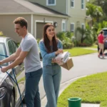 A couple outside their townhome in Brandon, FL smiling as they do weekend chores and errands