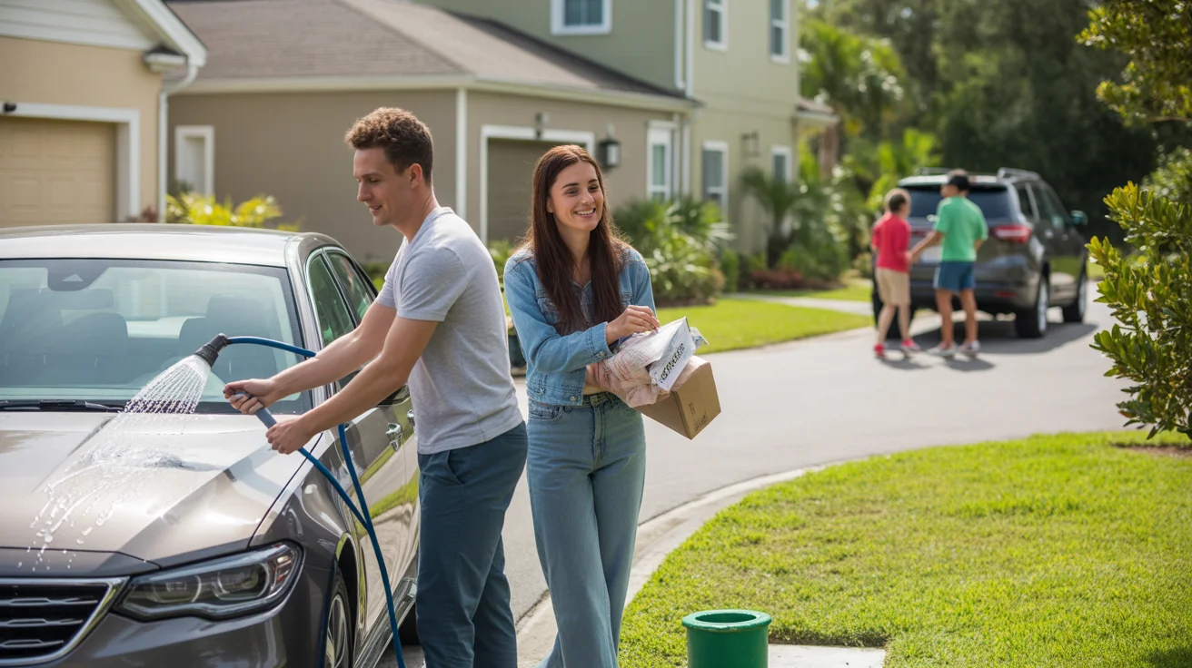 A couple outside their townhome in Brandon, FL smiling as they do weekend chores and errands