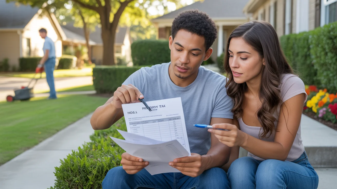 A couple reviews their property tax and HOA statements while sitting on the front steps of their suburban home.