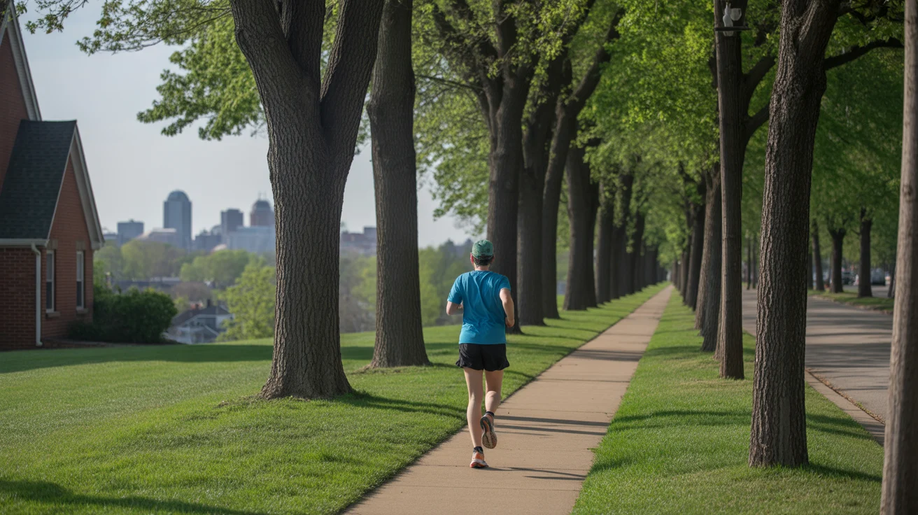 A jogger pauses on a sidewalk in Lexington, KY to look at the city skyline in the distance