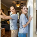 Two roommates adjusting blinds in doorway of Round Rock apartment on sunny day