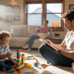 Father relaxes in recliner while son plays with blocks on living room floor in Centennial, CO home