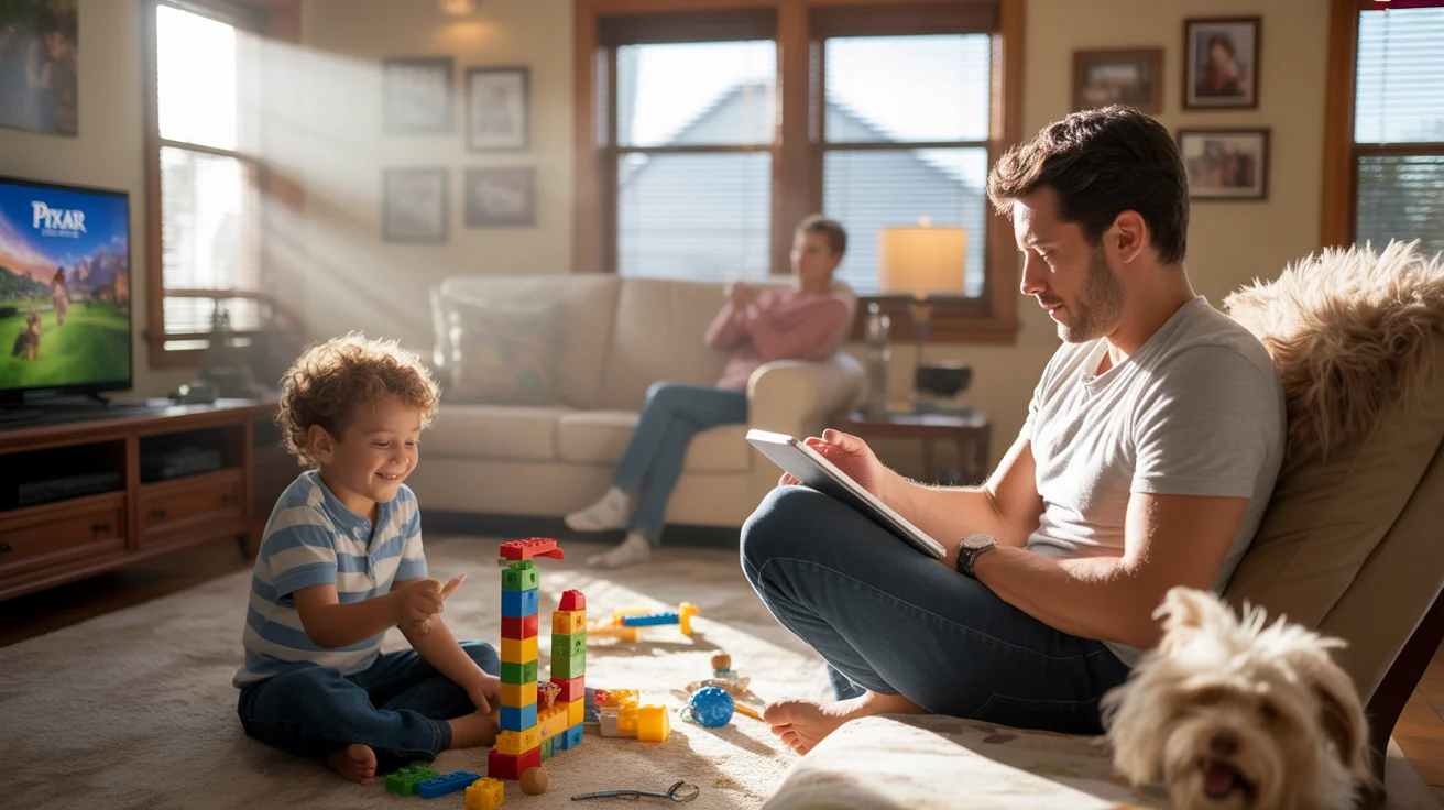 Father relaxes in recliner while son plays with blocks on living room floor in Centennial, CO home