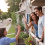 Neighbors wave to each other from an apartment balcony and house porch in Aurora, CO at sunset