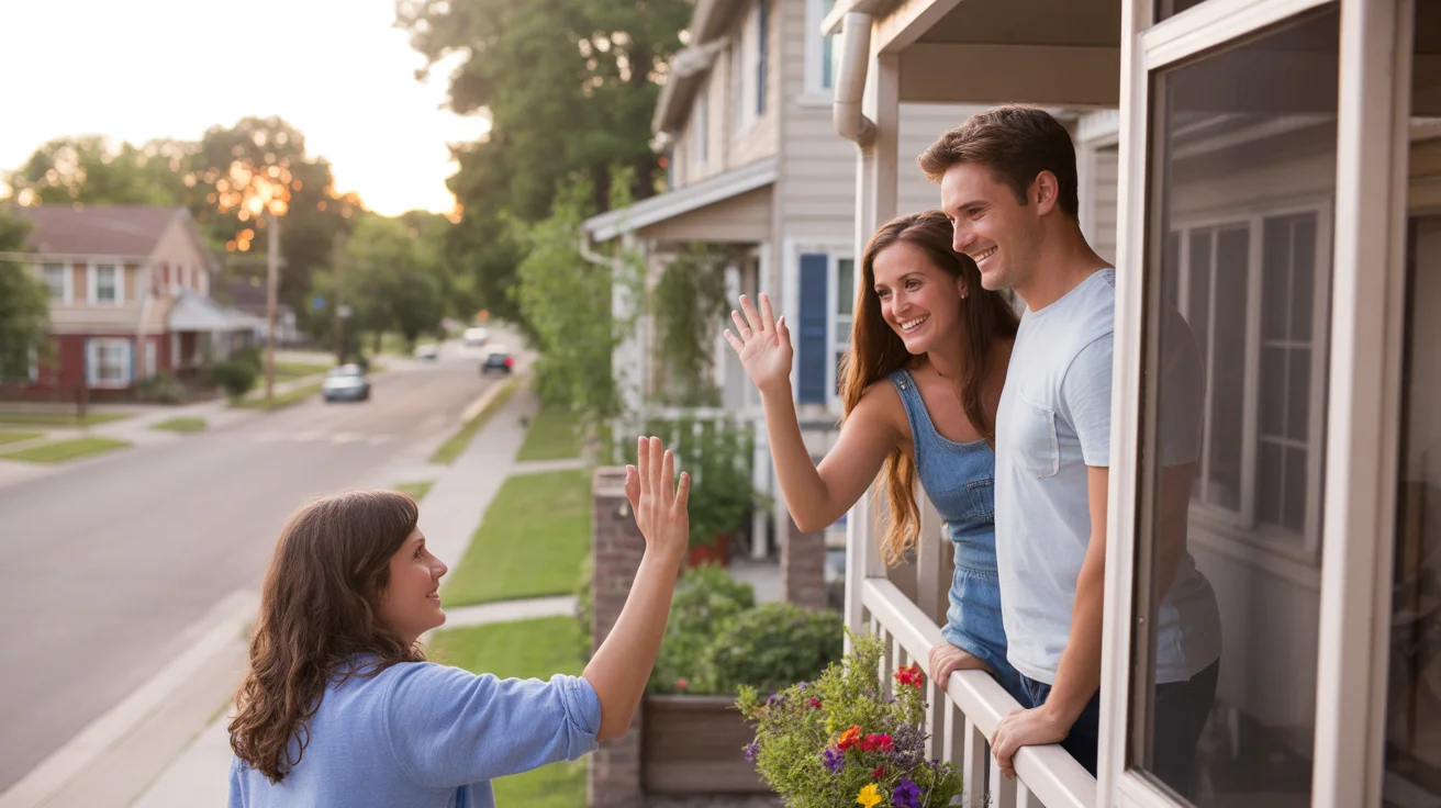 Neighbors wave to each other from an apartment balcony and house porch in Aurora, CO at sunset