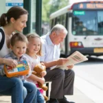 A family waiting for the bus at a sunny Raleigh bus stop