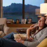 Couple streaming movie on TV in cozy Thornton living room at night