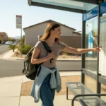 Young woman checking the schedule at a suburban Las Vegas bus stop