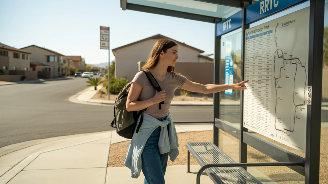 Young woman checking the schedule at a suburban Las Vegas bus stop