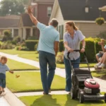 Neighbors wave to each other while mowing their lawns on a sunny Saturday morning in Pearland, Texas